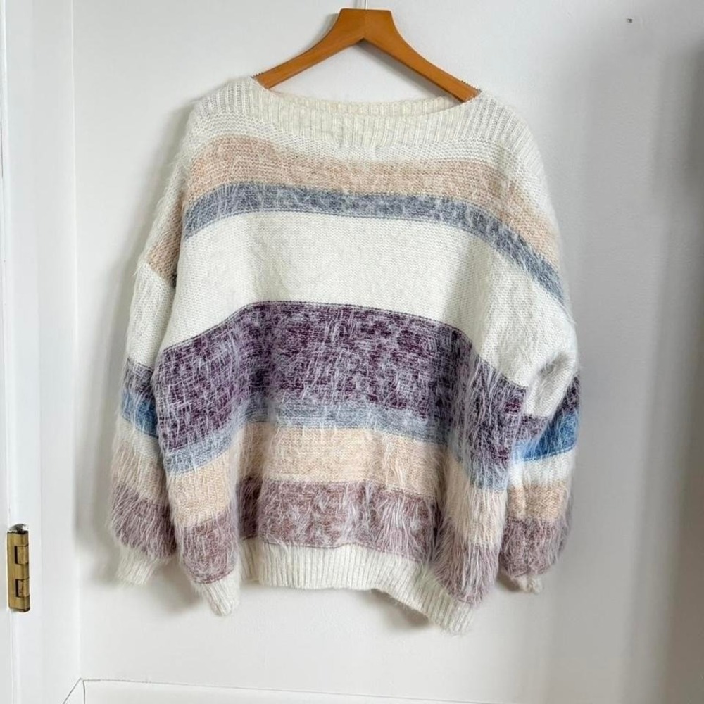 &merci Fuzzy Striped Sweater | Cozy Oversized Pastel Knit | Size M